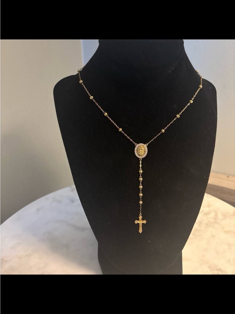 Gold Rosary Necklace with Cross and Virgin Mary Pendant 18K Gold Plated
